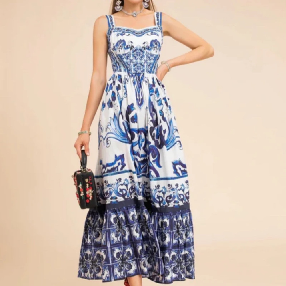 Blue and White Porcelain Print Maxi Dress